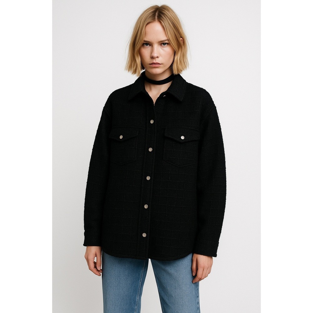 Zara Womens Tweed Shacket Small Black Oversized Textured Academia‎ Parisian Chic